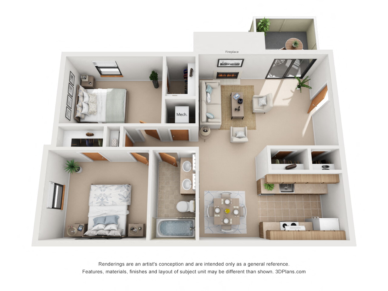 Floor plan for 2 beds, 1 bath, 885 sqft